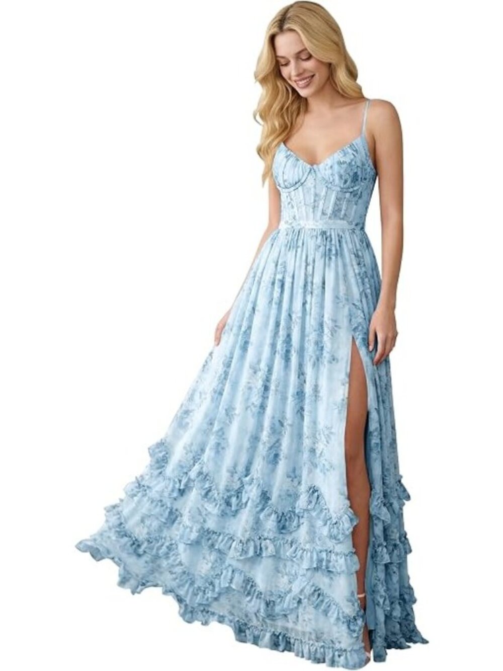Blue Floral Chiffon Maxi Dress With Corset Back Spaghetti Strap Size 18
